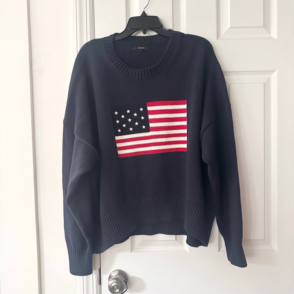 Quince Navy Blue Cotton Heavy Knit American Flag USA Patriotic Sweater XL
